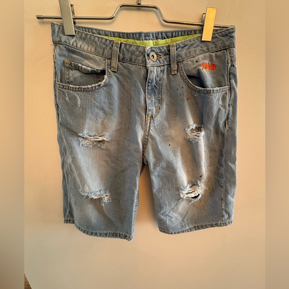 MSGM Light Blue Distressed Denim Shorts with Paint Accents
